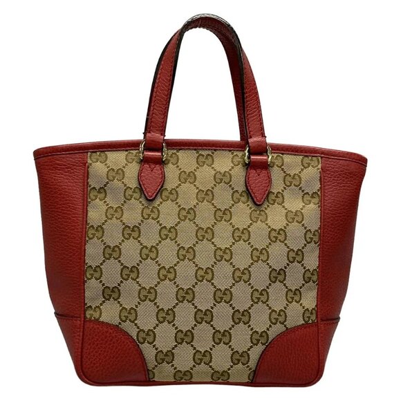 Auth GUCCI GG Pattern, Bree 449241 Dark Brown Beige Red Jacquard Leather Handbag - Picture 3 of 16